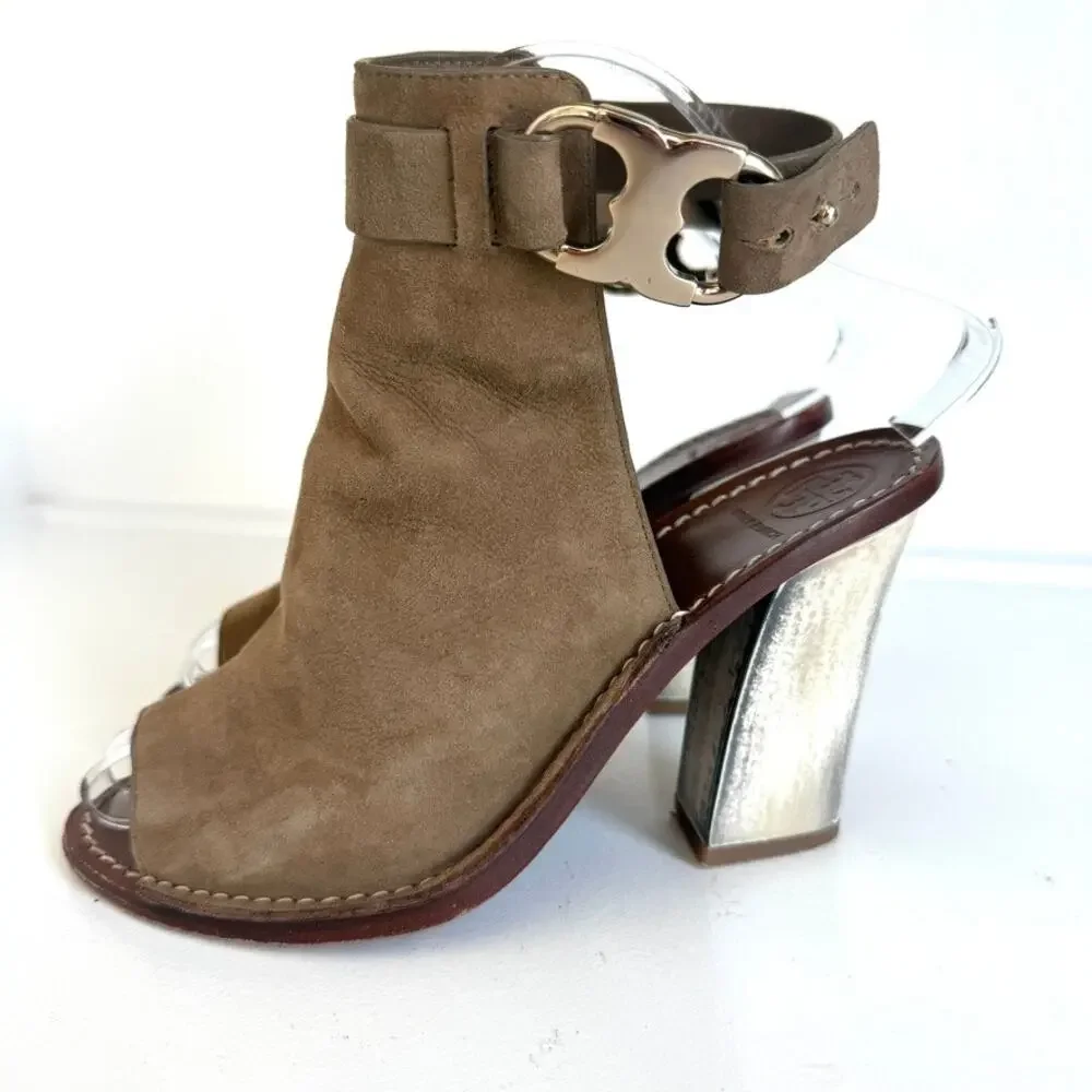 Tory Burch Gemini‎ Link Sandals Taupe Suede Block Heel Peep Toe Designer 7.5